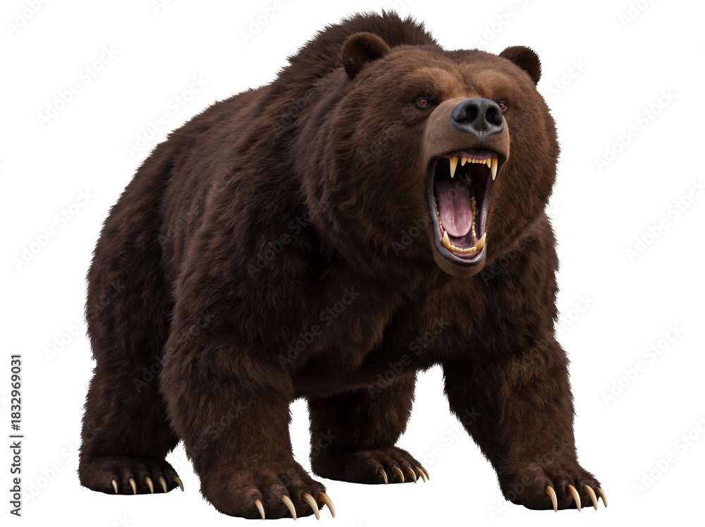 Naklejka premium Furious brown bear roaring isolated PNG, ferocious grizzly with open mouth and sharp teeth on transparent background, wildlife predator