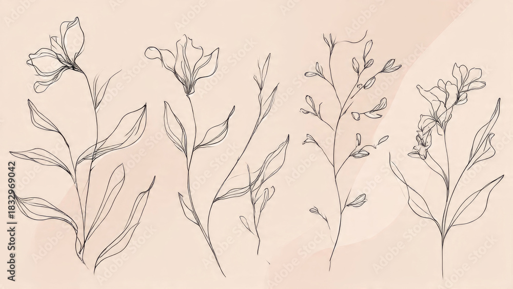 Naklejka premium Delicate minimalist line art botanical illustrations featuring elegant flowers and leafy branches on a soft blush background. A serene, modern floral design.
