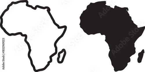 Set of two black and white outline and silhouette vector icons representing the continent of africa, isolated on icon on