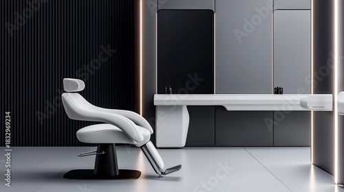 Modern Hair Salon Interior with Sleek White Chair and Minimalist Design.