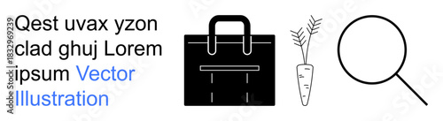 Business tools, research methods, farming, healthy living, agriculture, minimalism. A black briefcase, carrot outline and magnifying glass. Business tools and research methods concept