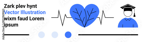Blue heart with veins, heartbeat lines, and graduate cap. Ideal for healthcare, education, wellness, self-improvement, knowledge, personal growth simple landing page