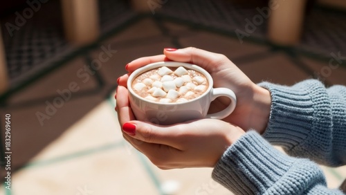 Woman holding a white mug of hot chocolate with marshmallows. Cozy autumn or winter drink concept for holiday season.