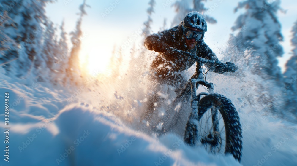 Fototapeta premium An exhilarating scene of a biker shredding through the snow-covered landscape, capturing the thrill of adventure in winter sports against a backdrop of a setting sun.