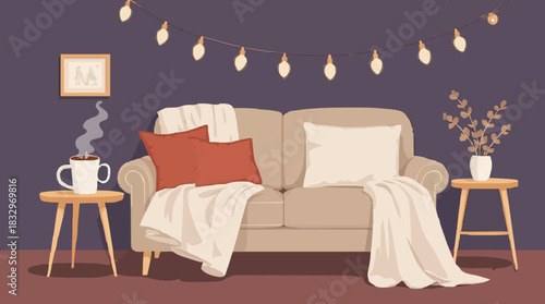 Cozy living room with warm string lights and comfortable sofa