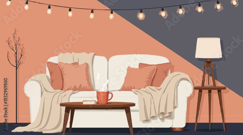 Cozy living room with white sofa and string lights