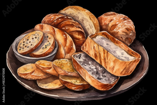 Fresh Baked Breads with Poppy Seeds on Plate Vector Illustration on Black isolated Background