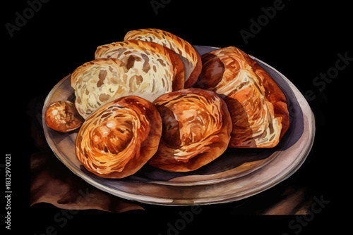 Fresh Baked Breads with Poppy Seeds on Plate Vector Illustration on Black isolated Background