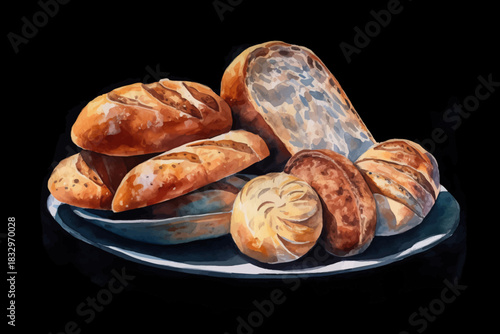 Fresh Baked Breads with Poppy Seeds on Plate Vector Illustration on Black isolated Background