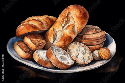Fresh Baked Breads with Poppy Seeds on Plate Vector Illustration on Black isolated Background