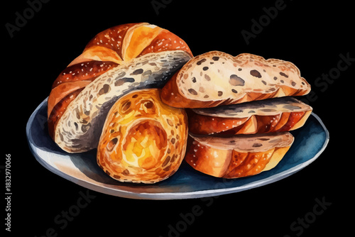 Fresh Baked Bread with Poppy Seeds on Plate Vector Illustration on Black isolated Background