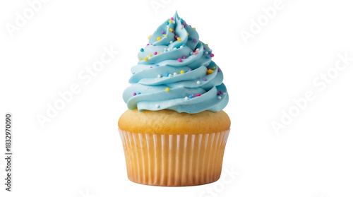 Delicious cupcake with blue frosting and colorful sprinkles isolated PNG, sweet treat for birthdays and celebrations on transparent background