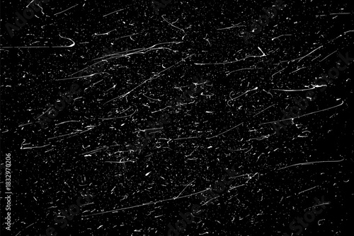 Snow flakes falling isolated. White snowflakes on black background. Snow pattern texture. Snowstorm backdrop. Snowfall overlay background. Winter ice effect. Vector illustration, EPS 10.