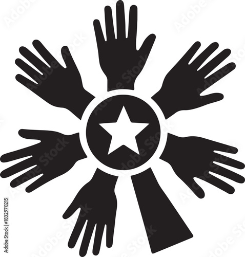 Silhouette of six raised hands forming a circle around a central star symbol, representing unity, teamwork, community, diversity, and support, isolated on icon on