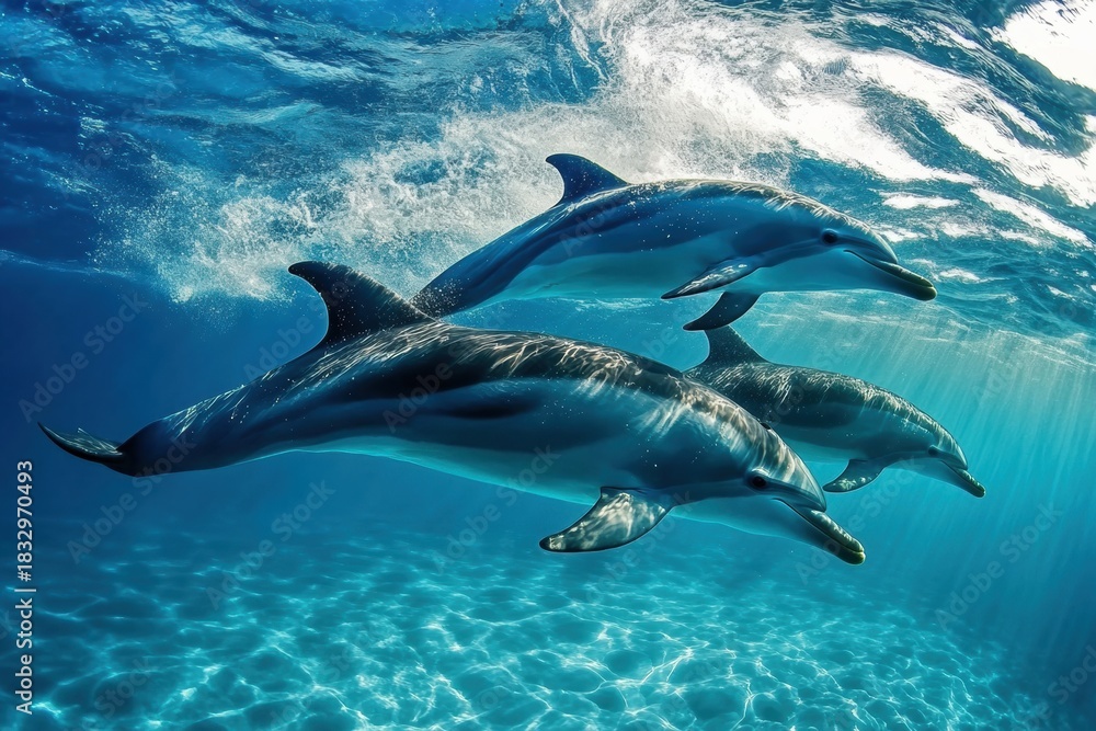 Obraz premium Dolphins swimming gracefully in clear waters ocean underwater photography serene environment dynamic angle marine life exploration