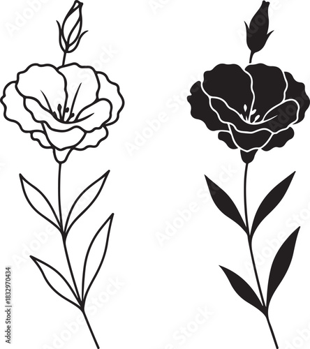 Black and white line art illustration of a single eustoma flower, also known as lisianthus, shown in both outline and silhouette style, isolated on icon on