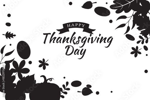 Happy thanksgiving day greeting card design featuring black silhouette of autumn leaves, pumpkin, and floral element border on a for holiday celebration icon on