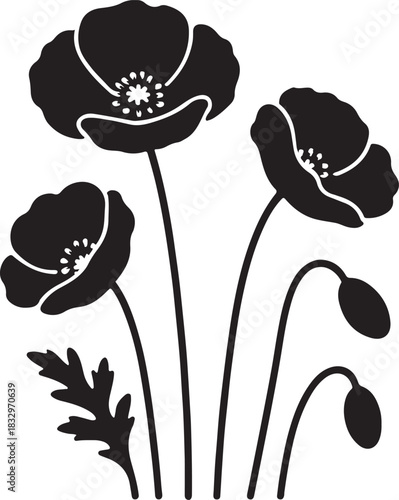 Black silhouette of three poppy flowers in full bloom with two buds on long slender stems, featuring detailed centers and a single leaf, isolated on icon on