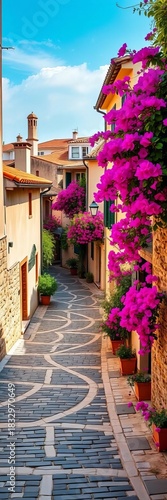Fototapeta Naklejka Na Ścianę i Meble -  Winding cobblestone street through a charming Mediterranean village with terracotta roofs and blooming bougainvillea,  architecture,  Europe