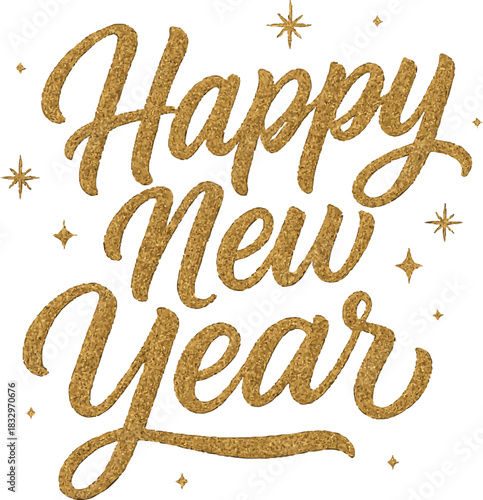 Radiant New Year Greetings: Elegant text wishes a Happy New Year, shimmering with a golden, celebratory sparkle, heralding a fresh start and joyous beginnings.