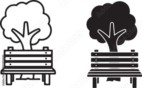Set of two stylized black and white icons representing a park bench with a tree growing behind it, showing both an outline version and a solid silhouette version, isolated on icon on