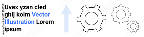 Three interlocking gears with an upward arrow symbolizing progress, teamwork, growth, and innovation. Ideal for teamwork, process improvement, technology, business growth, development engineering