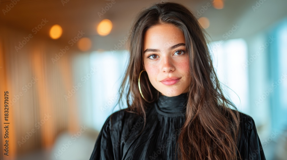 Obraz premium A charming young woman radiates happiness while smiling warmly in a bright and modern indoor space, showcasing her natural beauty and the joy of being present.