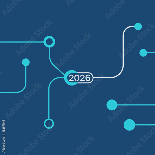 Future-focused digital network illustration with interconnected nodes and flowing data pathways converging at 2026, symbolizing automated progress and technological evolution
