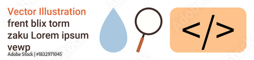 Data analysis, software development, web design, coding, water resources, investigation. A teardrop, magnifying glass and coding symbol on a plain background. Software development and data analysis