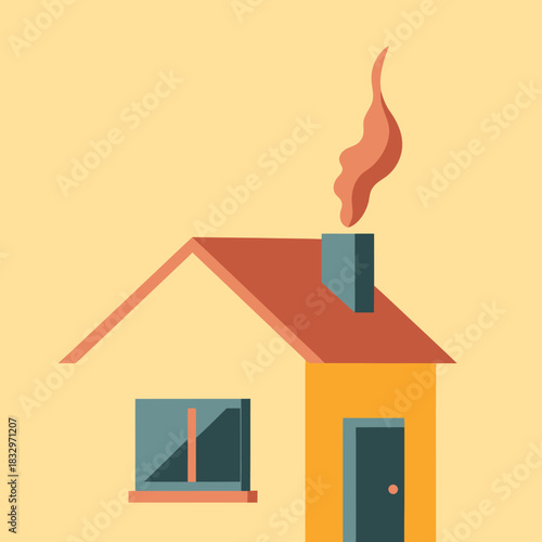Charming minimalist home illustration with cozy smoke gracefully rising from the chimney, depicting warmth, simple domestic life, and comfortable living in a serene setting