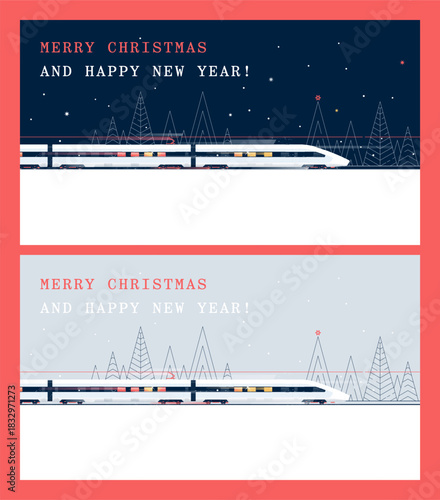 A Christmas card depicting a modern high-speed train rushing forward against the backdrop of a winter fir forest. There is a place for the greeting text at the bottom