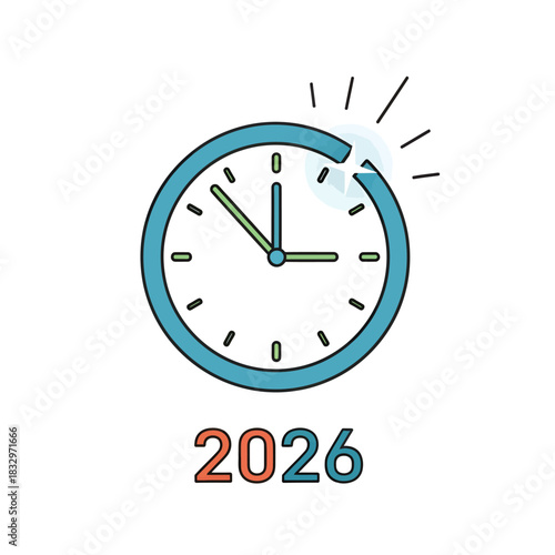 Modern vector icon of a clock swiftly transitioning to 2026, symbolizing future planning, new beginnings, and rapid approach of opportunities. Illustrates efficient progress and upcoming goals