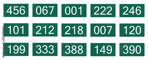 Green number tile set featuring bold three-digit numbers on dark green rectangles