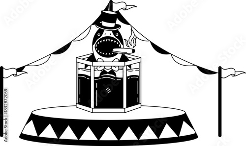 black and white illustration of a shark is in a circus