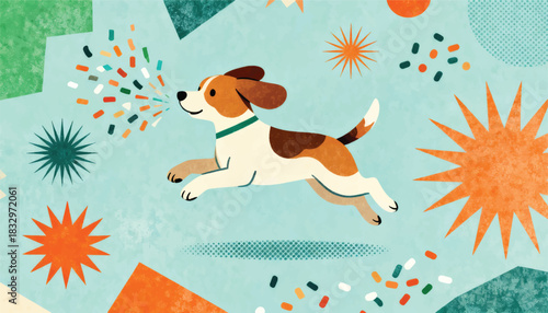 Happy running dog with confetti playful celebration illustration