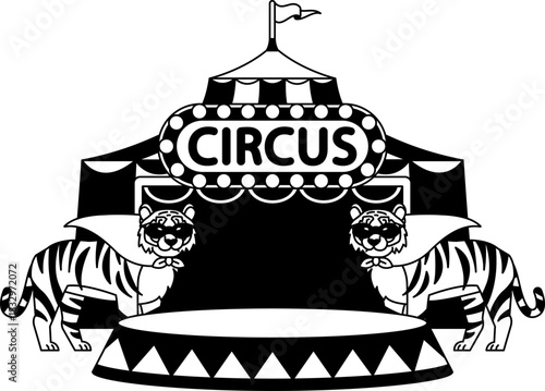 black and white A circus tent with two tigers standing in front of it