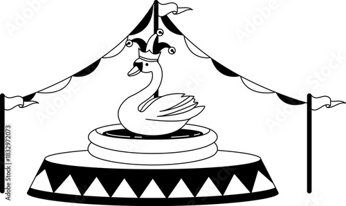 black and white illustration of A cartoon swan in a circus