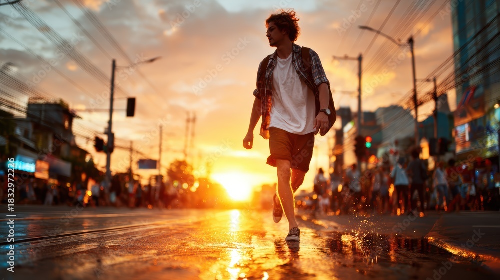 Fototapeta premium A young man strolls through a bustling city street during sunset, embodying the energy of urban life, exploration, and the vibrancy of cityscape culture, while evoking emotion.