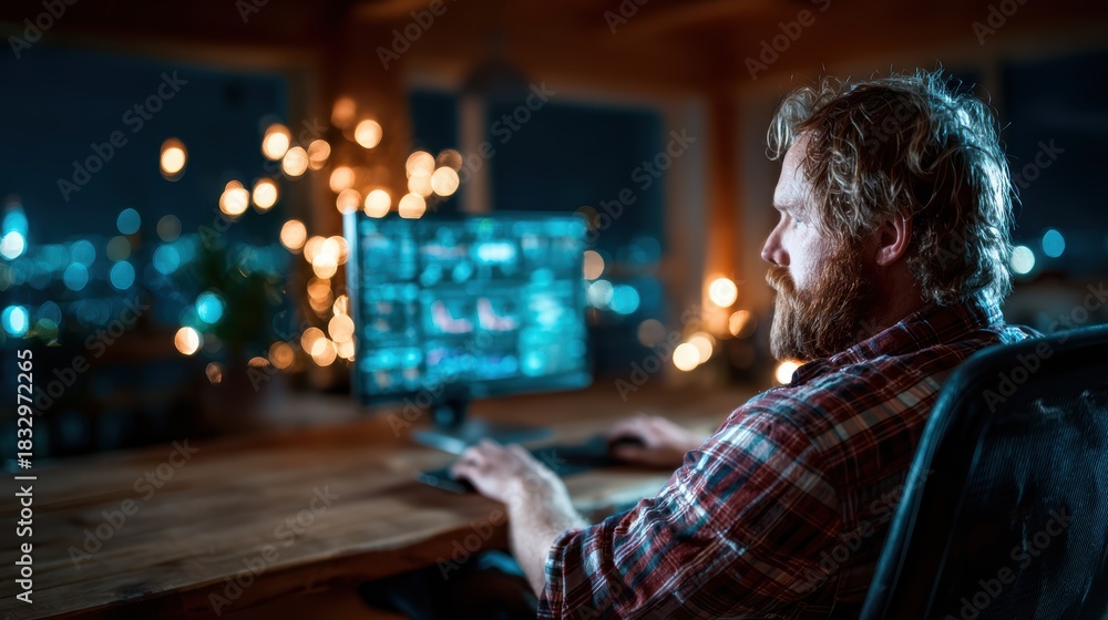 Fototapeta premium This image features a man working intently on a video editing project in a dimly lit room, highlighting the modern workspace vibe and creative dedication to his craft.