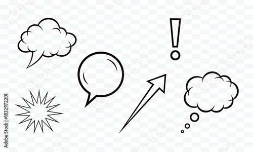 Black comic book style speech bubbles thought bubbles exclamation mark and explosion burst on transparent background