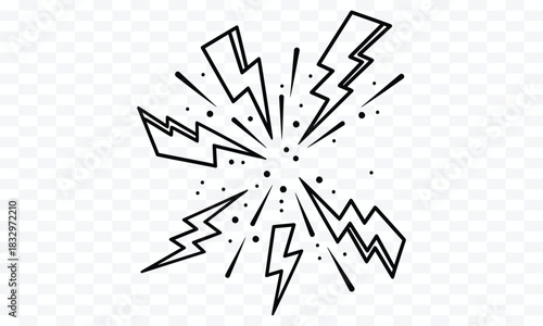 Black outline lightning bolt explosion with dots and lines on transparent background burst energy