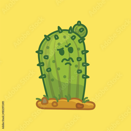 Cute Angry Cactus Character – Hand-Drawn Cartoon Desert Plant Illustration, Kawaii Prickly Cactus Icon