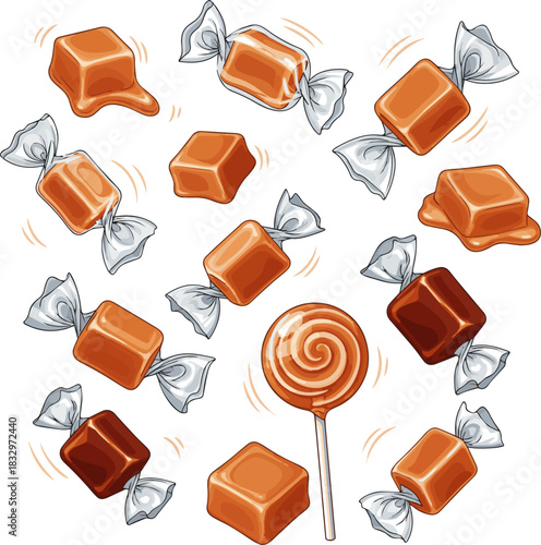 Create a kinds of deferent Caramel candies in flight Vector art with a white background..