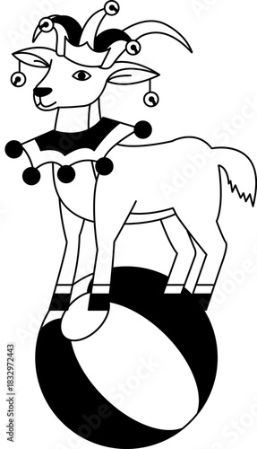 black and white A cartoon goat is balancing on a pink ball