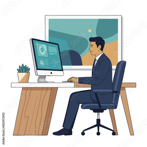Man In Business Suit Works On Laptop At Desk In Modern Home Office With Abstract Art On Wall And Potted Plant