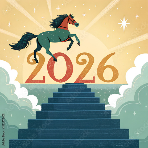 A beautiful and the colorful horse jumping on the stair  over the year 2026, celebrating, with the white star, symbolizing a powerful new beginning 2026 on the colorful illustration background.