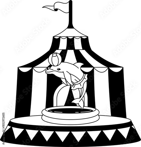 black and white A dolphin is performing in a circus