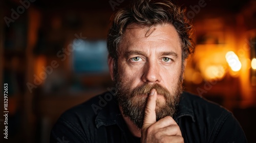A contemplative portrait of a bearded man gazing intently while resting his finger on his lips, encapsulating deep thought and emotion in a softly lit, inviting environment.