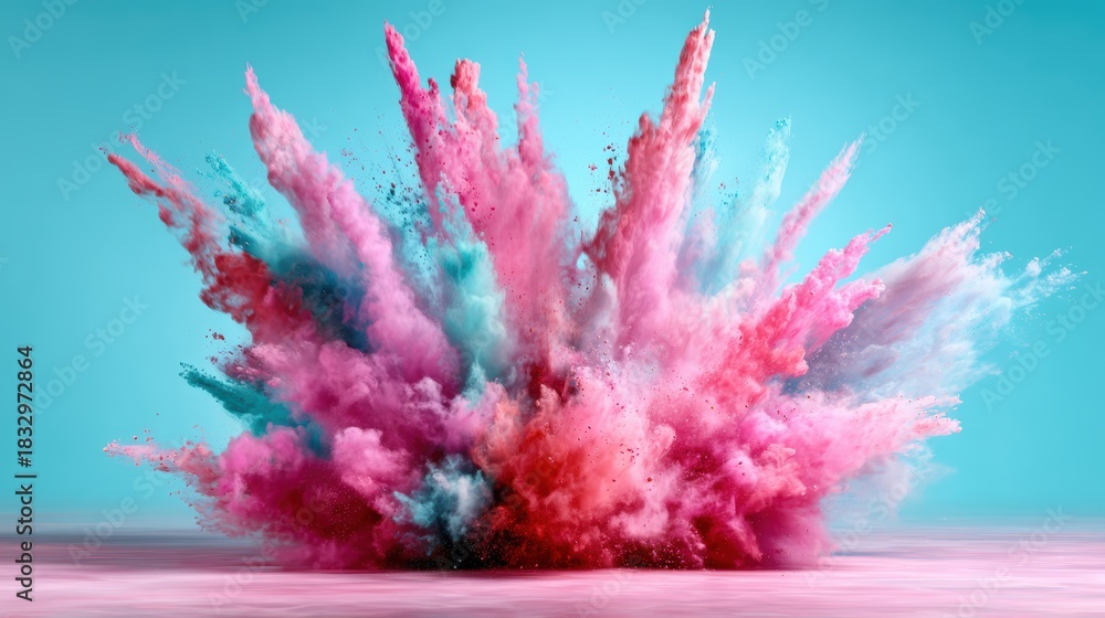 Fototapeta premium An abstract explosion of colorful pink and blue smoke creates a dramatic and visually captivating artwork, representing creativity, chaos, and the beauty of motion in art.