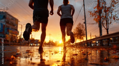 Two athletes run along a water-slicked street at sunset, capturing the feeling of freedom and determination amidst a beautifully blurred backdrop of vibrant colors.